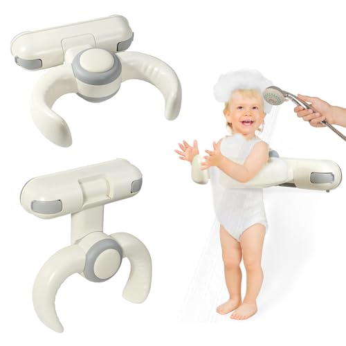 Image of IvyWind Baby Shower Stand, Wall-Mounted Baby Bath Stand Support for 6-36 Months, Foldable Shower Standing Bath for Toddler, Easy to Install, Adjustable Height, Gray