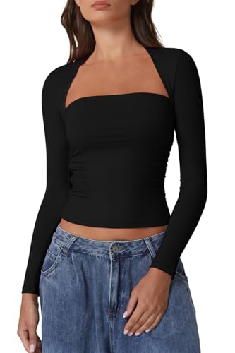 QINSEN Long Sleeve Square Neck Tops for Women Double Lined Side Ruching Going Out Shirts Basic Tee