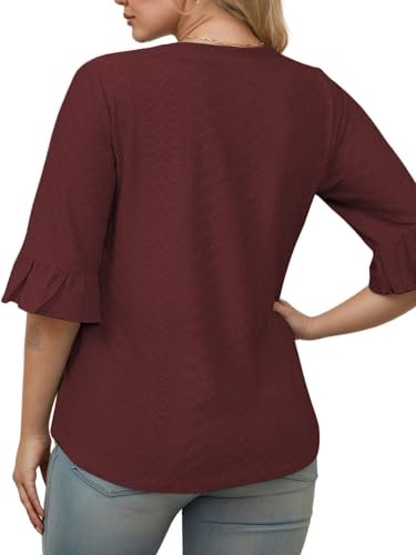 VISLILY Womens-Plus-Size-V-Neck-Tops Dressy 3/4 Length Ruffle Sleeve T Shirts Trendy Eyelet Blouses Casual Loose Tunics 1X-5X3
