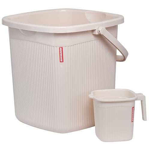 Image of Modware Square Ribbon Plastic Bucket Set with Mug | 18L Brown Bathroom Bucket with Handle + 1L Mug | Heavy-Duty Polypropylene + Co-Polymer | Stylish & Durable Bath Set (Cream)