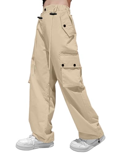 Image of HENGAO Girls Cargo Pants Parachute Casual Jogger Y2K 5-14 Years | Kids Baggy pants Parachute, Drawstring, with Pockets, Elastic High Waist, Loose Trousers Streetwear