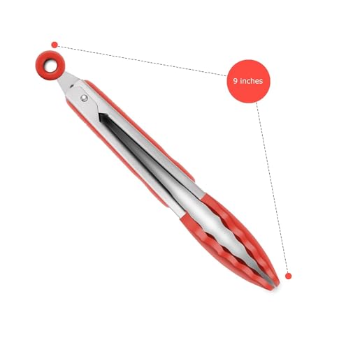 Image of Baskety Tongs Non-Stick Stainless Steel Silicone Kitchen Food Cooking Tongs (9 Inch Red)