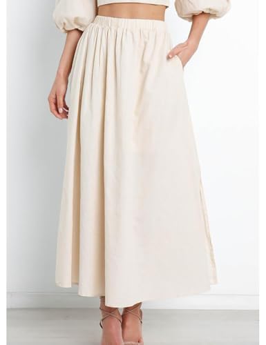 Womens Linen Skirts Casual Summer Elastic High Waisted A Line Pleated Midi Skirt with Pockets4