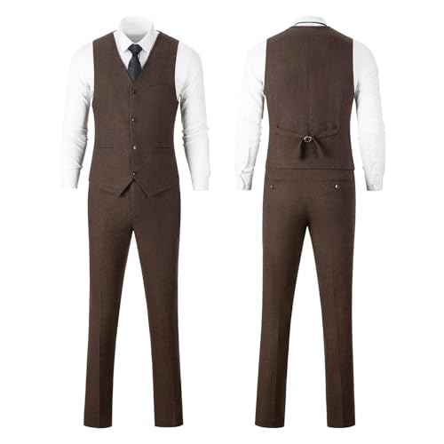Herringbone Retro Tweed 3 Pieces Suits for Men Prom Suit Set Classic Tuxedo Mens Suits Slim Fit Formal Autumn Winter Jacket Pants Set Dark Brown 3XL 7