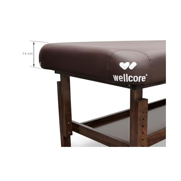 QUIRUMED WELLCORE Table de Massage Fixe en Bois avec Appui-Tête, 185-212 x 76 cm, Hauteur Réglable, Rembourrage 14 cm, avec Étagère Inférieure, Marron