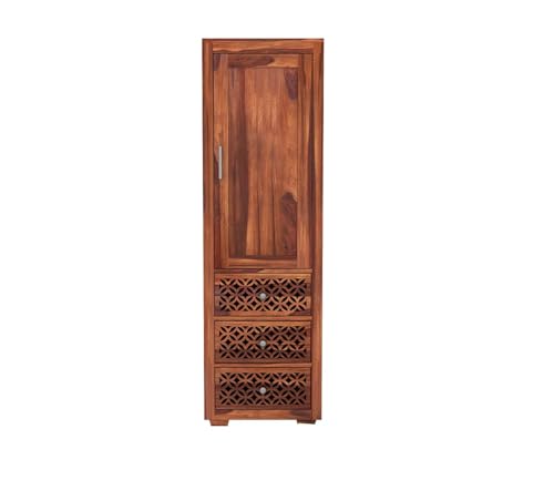 Image of Sheesham Wood Wooden Single Door Wardrobe Organizer for Clothes | - Solid Wood Almirah with 3 Drawers, 3 Shelves - Cupboard for Large Bedroom, Natural Finish