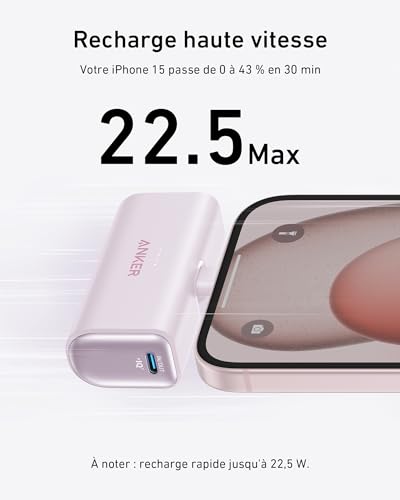 Anker Nano Powerbank, 5000 mAh Powerbank 22,5 W, connecteur USB-C Pliable intégré, Compatible avec iPhone 15, Samsung S22/23, série Note20/10, Huawei, iPad Pro/Air, AirPods et Plus Encore. (Violet)