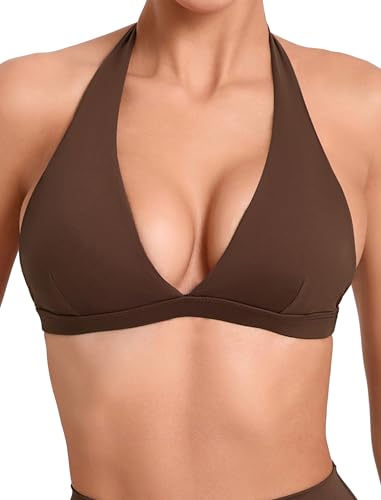Women's Halterneck Sports Bra for Fitness: Backless Padded Bra with Deep V-Neck and Movable Bra Pads Without Underwire Push Up Sexy Bra for Yoga Running Gym