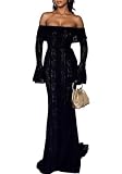 Sezhgswd Women Elegant Off Shoulder Lace Bodycon Maxi Dress Bell Sleeve Mesh Sheer Mermaid Wedding Party Dress Black