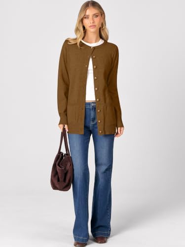 ANRABESS Women's Cardigans 2026 Fall Dressy Casual Long Sleeve Crewneck Button Down Open Front Soft Knit Cardigan Sweaters Caramel Medium — view 6