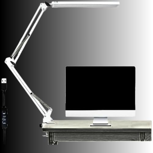 Luminária de mesa LED com braço articulado(articulável) e braçadeira, 3 modos de brilho de iluminação, Lâmpadas de mesa de leitura para escritório, rotação de 360°, Estudos com clip Premium (Branca)