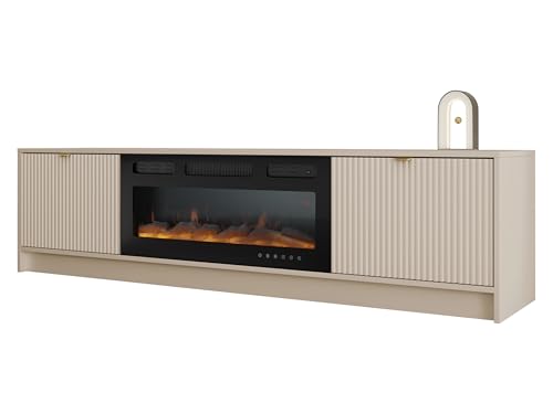 Mirjan24 TV Schrank Tireno EF mit Elektrischem Kamin mit Heizung, Realistische LED-Flamme, 2 Klappe, gefräster Front, Fernsehschrank, TV Lowboard Fernsehtisch (Sandbeige)