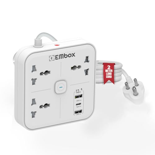 Image of EMBOX Modern Extension Board with USB | 3 Universal Sockets and Type-C USB Ports (12W) | Extension Board with Switches | Overload Protector Indicator 2500W, 2 Meter Extension Cord