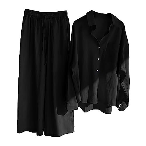 Mono de ocio de verano de lino para mujer: pantalones de mujer elegantes 2 piezas deportivos: blusa de manga larga y cintura alta pantalones anchos de casa sueltos elegantes, Negro , XXL