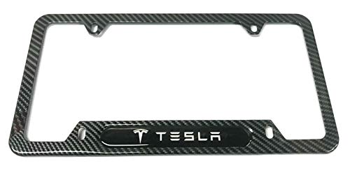 Mesport Carbon Fiber Style Stainless Steel Rust Free License Plate Cover Frames Holder with Screw Caps for Tesla (1CB)