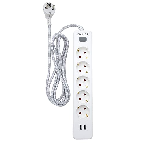 Regleta de 5 enchufes Philips con 2 USB y cable de 1,5 metros en color blanco 2
