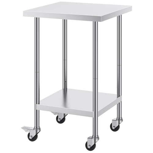 Happybuy 24x24x38 Inch Stainless Steel Work Table, 700 lbs Load Capacity, 4 Wheels, Adjustable Height, Commercial Food Prep Table for Kitchen & Restaurant