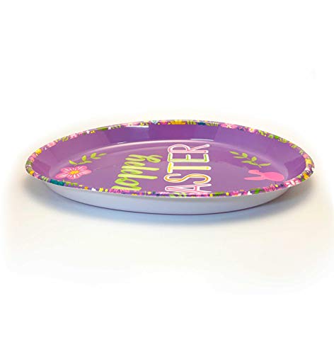 Happy Easter Plastic Extra Large Serving Trays Disposable Festive and Vibrant Assorted Designs Such as Bunny Rabbit and Stripes in Rectangular or Egg Shaped Trays (Set of 4)