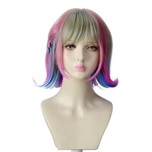 Aeilene Pink Blue Gradient Short Bob Wigs Female Werewolf Short Culry Colorful Shoulder Length Ombre Cosplay Wig with 2 Hairpins for Party Costume Halloween