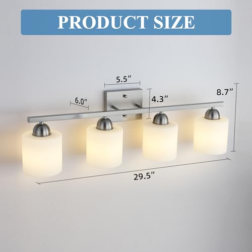 Image of Mecgirn Stainless Steel Milk Glass Vanity Lights for Bathroom, 4 Light Brushed Nickel Bathroom Light Fixtures Over Mirror, Ceramic E26 Sockets Wall Mounted