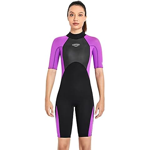 OttoBen Womens 2mm Wetsuit Short Sleeve Large Size Contrasting Colors Elastic Diving Suit Surf Snorkeling Swimming Waterproof Neoprene Wetsuit Short Purple XXL Cover