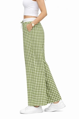 Image of Women's Cotton Wide Leg Palazzo Pants | Gingham Check Pattern with Drawstring | Elastic Waist | Casual Lounge Wear |