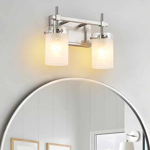 Image of 2-Light Brushed Nickel Vanity Light with White Linen Frosted Glass E26 Socket,Bathroom Light Fixture,Modern Wall Light Over Mirror(Bulbs Not Included)