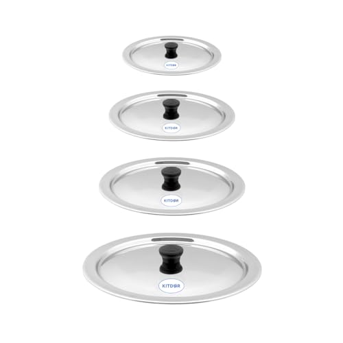 Image of Glossy Steel Lids for Utensils with Knobs | Melt-Free with a Good Gripsteel Lid for Kadai and Other Utensils | Round, Rust Resistant Steel (4 Pcs Set, Large)