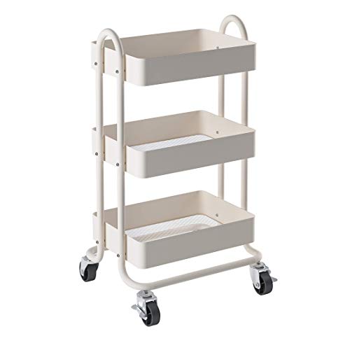 Image of MIOCASA 3-Tier Metal Utility Rolling Cart, Heavy Duty Multifunction Cart with Lockable Casters, Easy to Assemble, Suitable for Office, Bathroom, Kitchen, Garden (White)