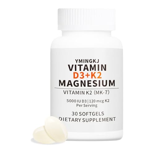 YMINGKJ Vitamin D3 K2 5000 IU Softgels with Magnesium Supplement - & 120mcg MK-7 K2 for Bone Health & Immune Support - Non-GMO & Gluten-Free Softgels with MCT Oil- 30 Softgel