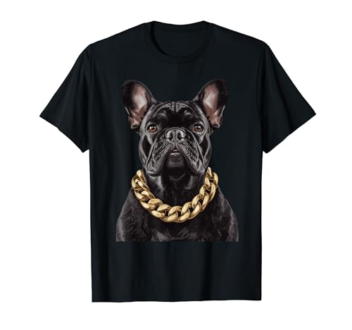 Stilvolle Französische Bulldogge mit goldener Kette Halsband Halskette T-Shirt