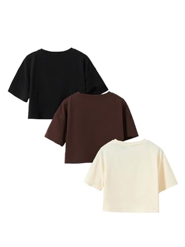 Floerns Girls 3 Pcs Short Sleeve Lettuce Trim Rib Knit Tee Shirt Crop Top Black Multi2