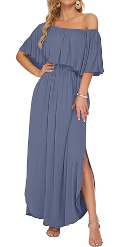 Image of AUSELILY Womens Off Shoulder Ruffle Split Summer Maxi Dresses with Pockets | Off-shoulder Ruffle dress with empire waist & side split for summer beach and casual parties