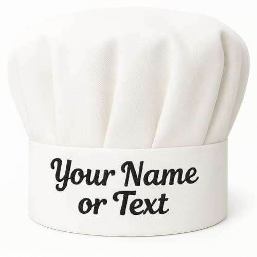 Gorro de cocinero personalizado Unisex Chef Personalizado Nombre Texto o Logo Gorro de Cocinero Hecho de Algodón Cocina Hotel Restaurante Gastro Sombreros Ajustable Cocinar Blanco, Sombrero de Chef
