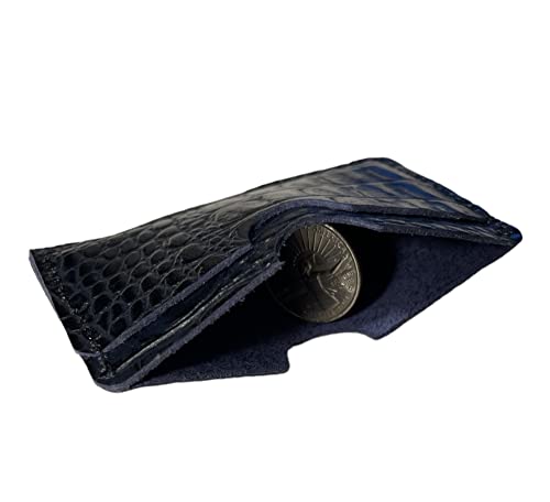 Real Leather Credit Card Holder - Handmade 100% Genuine Cow Leather Business Card Case Embossed Reptile Pattern - Dark Blue Caiman4