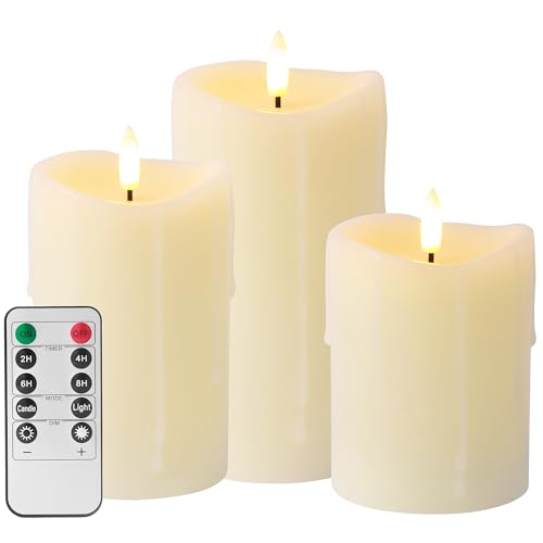 Velsyn Ivory Flameless Candles with Remote and Timer, Real Wax Made Wax Drip LED Pillar Candles Battery Operated with 3D Flickering Flame Melted Top - 3