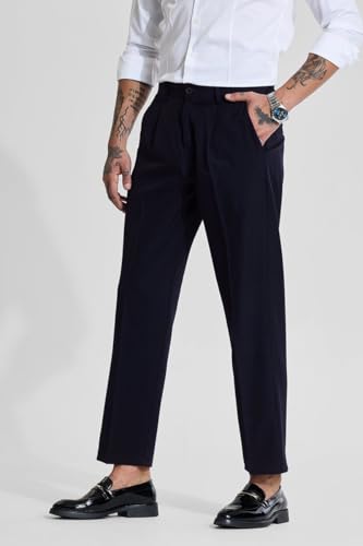 Image of SNITCH Men Formal Trousers | Regular Fit Pleated Front with Turned-Up Hem | Polyester Blend & Medium Stretch Fabric for Office & Winter Wear