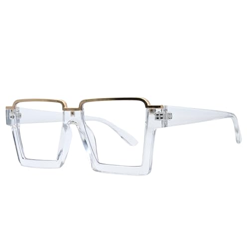 Image of Onrtry Oversized Square Blue Light Glasses for Women Men Fashion Semi Rimless Glasses Non Prescription Eyeglasses