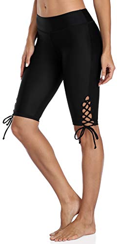 Shorts de natação femininos ATTRACO de cintura alta, calcinha de natação lisa, Black Side Drawstring