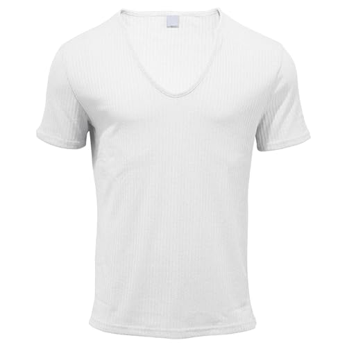 Men Classic Comfy Casual V-Neck T-Shirt Breathable Slim Short Sleeved Shirt Summer Simple Style Sport Tee (White,3X-Large)