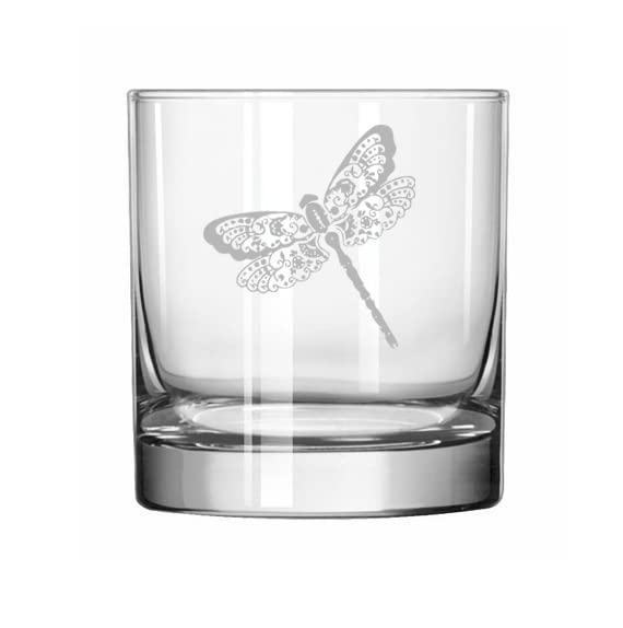 MIP Brand 11 oz Rocks Whiskey Highball Glass Floral Dragonfly
