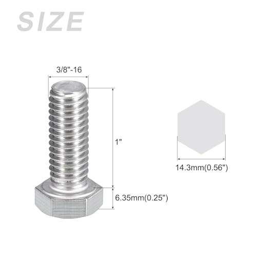 Image of METALLIXITY Hex Head Bolts (3 /8-16 x 1) 10Pcs, 304 Stainless Steel 18-8, Fully Threaded, External Hex Drive, Plain Finish, Hex Head Screw Bolt, Silver