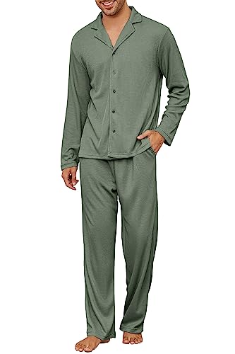 Andeip Men's Pajama Set Waffle Knit Lounge Pjs Set Long Sleeve Top and Pants Sleepwear 2 Piece Button Down Loungewear