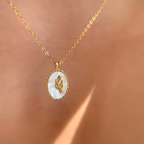 Dtja Vintage Tulip Flower Pendant Necklace for Women Girls s925 Sterling Silver 18K Gold Plated Embossed Oval Link Chain Adjustable Christmas Valentine Birth Month Jewelry Gifts for Mother4