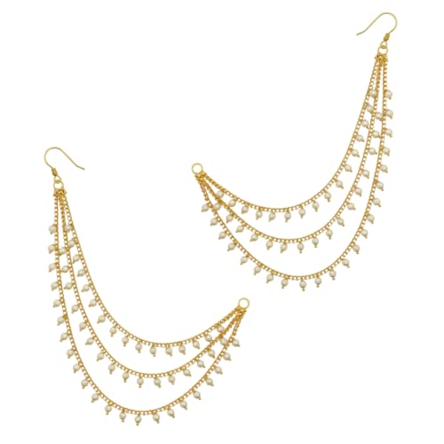 Image of Traditional Gold Plated Alloy Ear Chain Pair with Kundan & Pearl Dangling Design | 3 Layer Bridal Ear Chain for Women