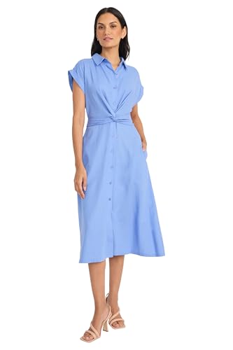 Maggy London Women's Button Down Midi Length Shirt Pockets and Belt-Twist Front Detail-a Line Work Dress