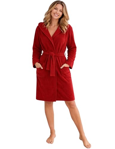 Morgenstern Albornoz Mujer de Rizo Ligero y Fino 100% Algodón Corto con Capucha Oeko-Tex Standard Ela XL Rojo