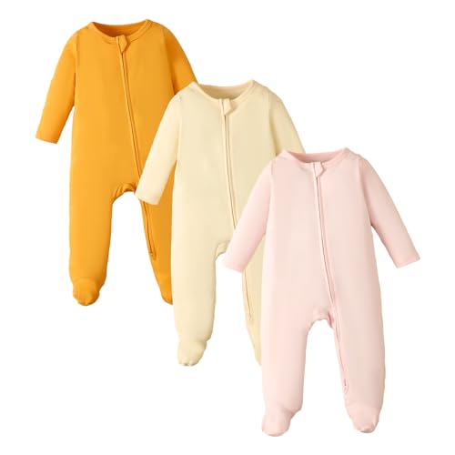 Image of OPAWO Newborn Footie Pajamas with Mitten Cuffs Double Zipper Sleepers Baby Boy Girl Onesie Footed One-Piece Romper 0-6 Months
