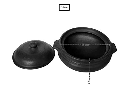 Beverlion LPG and Microwave Pre Seasoned Clay Pot for Cooking Handi/Earthen Pot for Cooking biriyani,Soup etc with Lid -3 Litre - Organic Black
