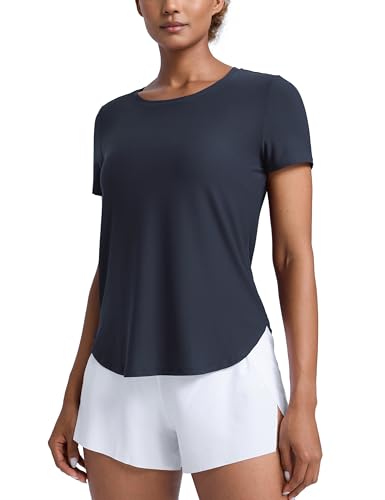 CRZ YOGA Cloudweight Workout Tops for Women Lightweight Athletic Short Sleeve Shirts Gym Running Side Slit T-Shirts True Navy Large